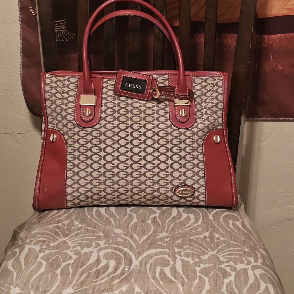 Vintage Guess Red and Tan Satchel with Structured Design
